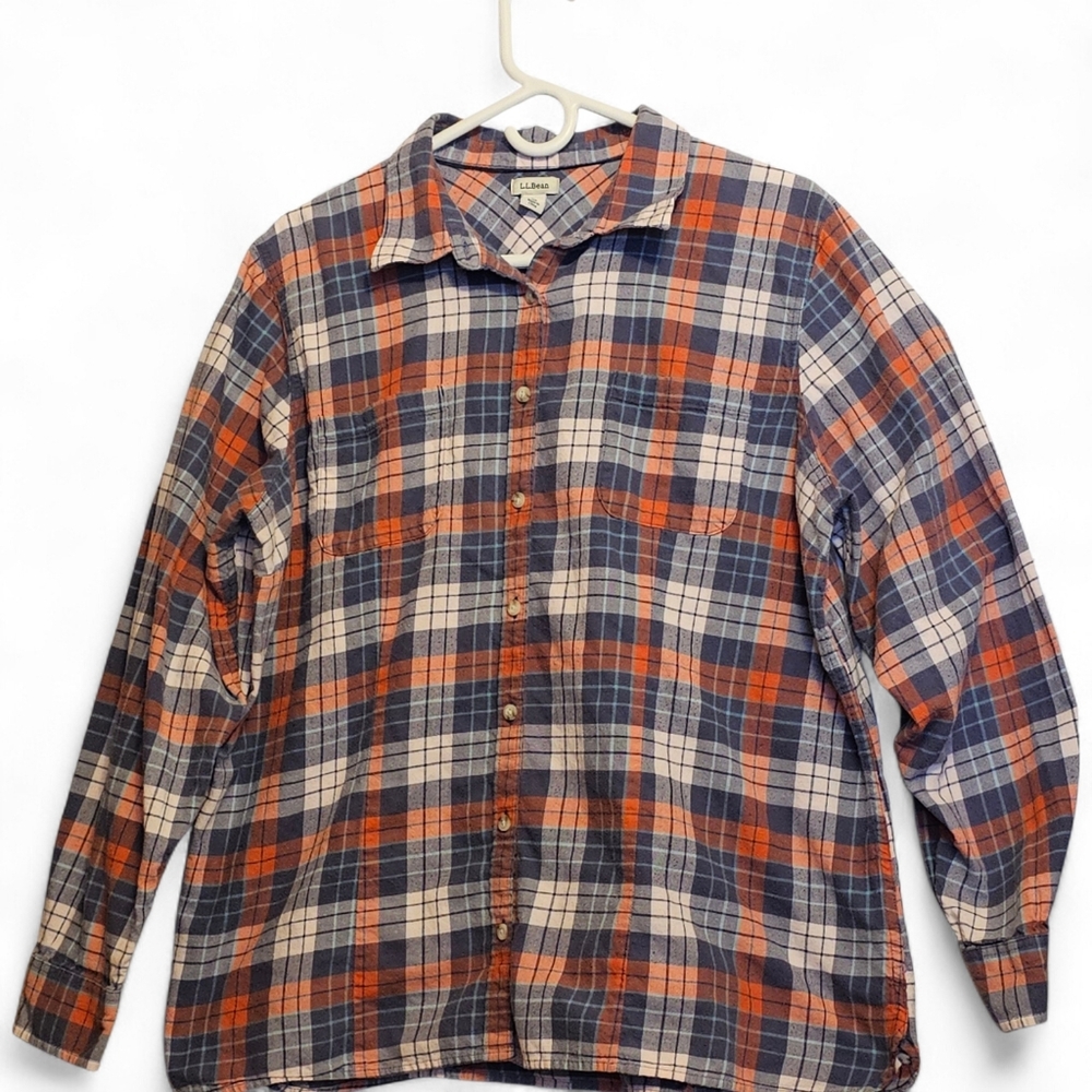 L.L. Bean Blue and Orange Plaid Button Down Shirt